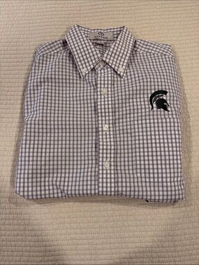 Vantage Men’s Gray Check Button-Down Shirt with Spartan Logo